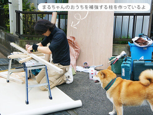 まるちゃんのおうちを補強する柱を作っているリフォーム職人