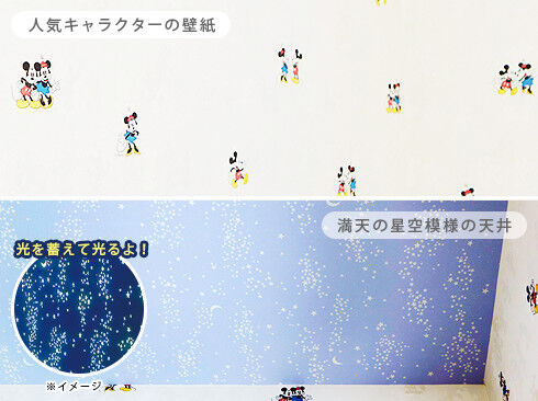 人気キャラクターの壁紙と、満天の星空模様の天井