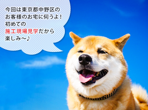 「今日は、東京都中野区のお客様のお宅に伺うよ!初めての施工現場見学だから楽しみ~♪」とわくわくするまるちゃん