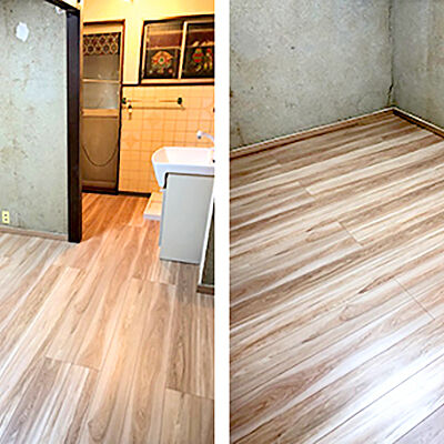 傷んでいた洗面所の床下を補修しペカン柄のフローリングへ 大阪府大阪市天王寺区の定額リフォームならリノコ
